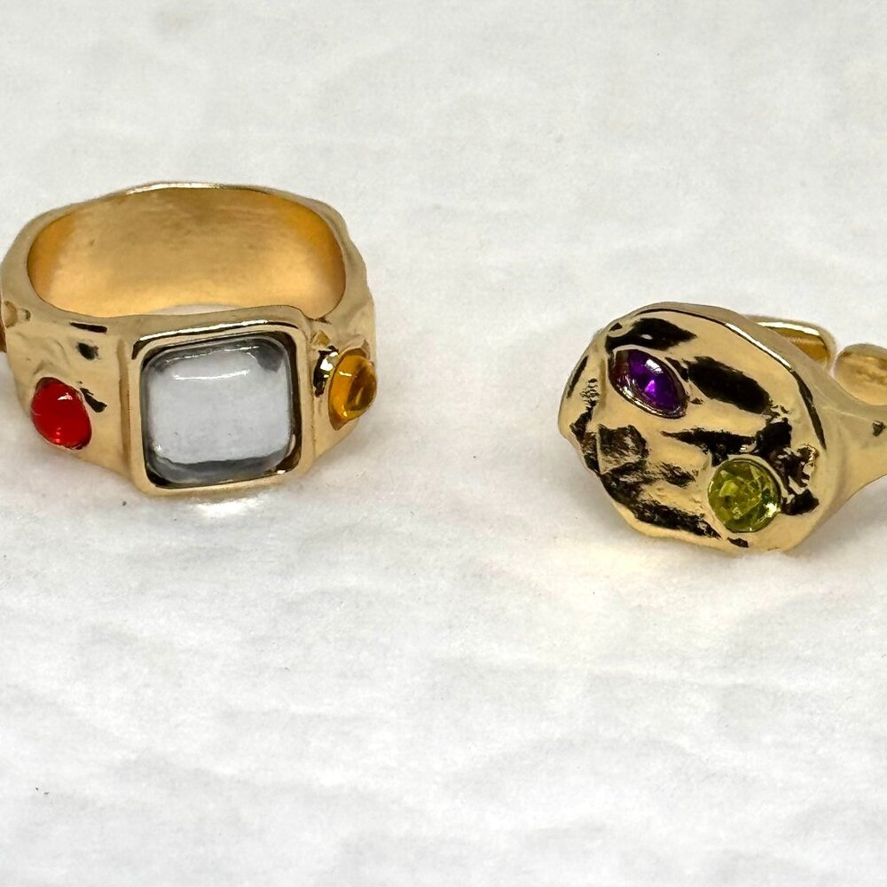 Gold tone brutalist style rings set with crystals, two rings, NWOT
